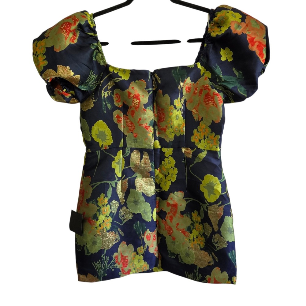 Lulus Mini Dress Large Floral Metallic Gold Brocade Puff Sleeve Formal - Picture 3 of 6